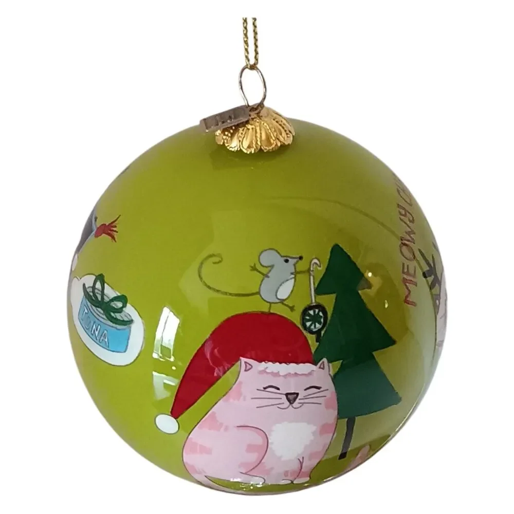 Cat Christmas Ornament Pier 1 Li Bien Hand Painted Glass 2018 Green & White
